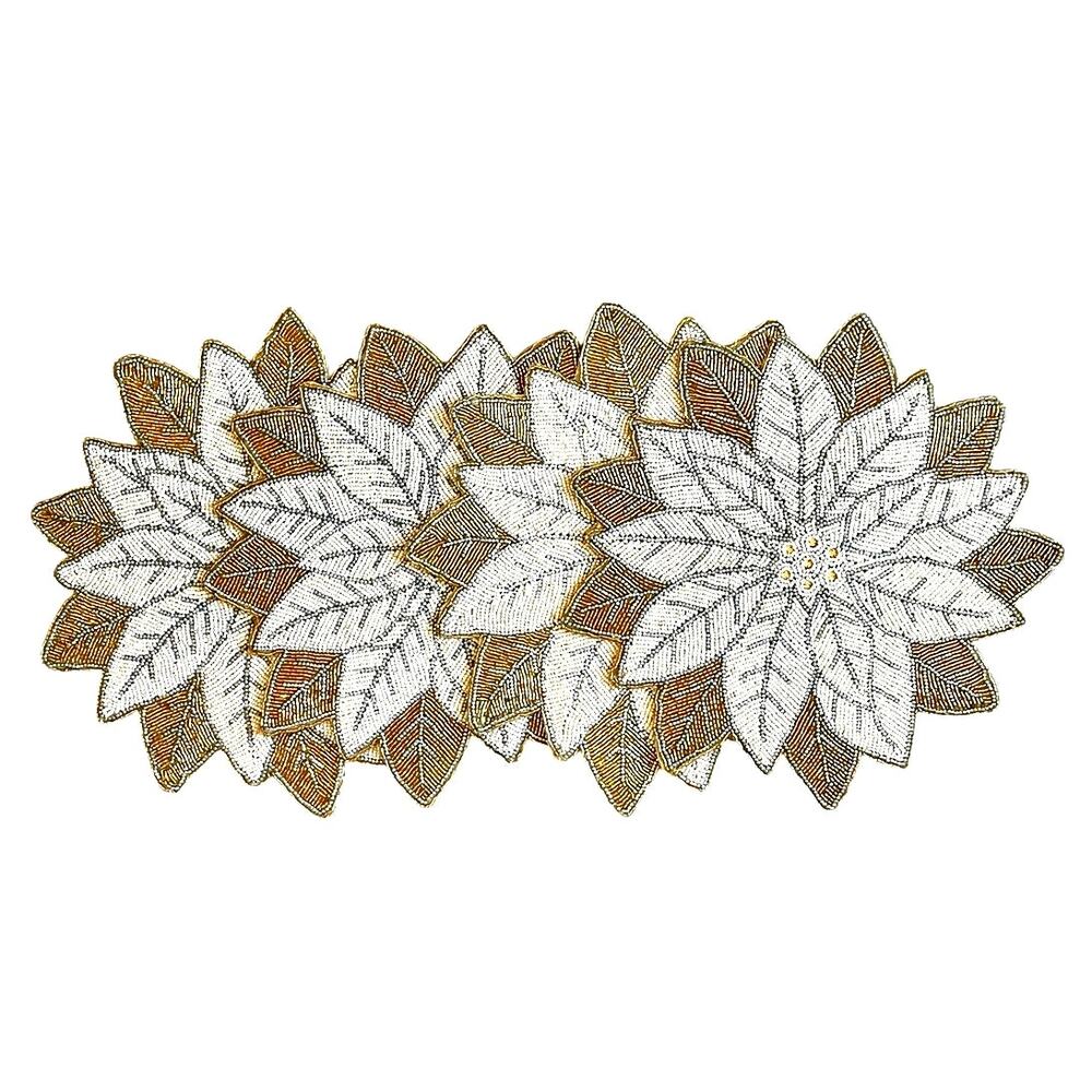 4pc Christmas Poinsettia Placemats 15in Holiday Glam Gold Silver White New